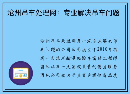 沧州吊车处理网：专业解决吊车问题